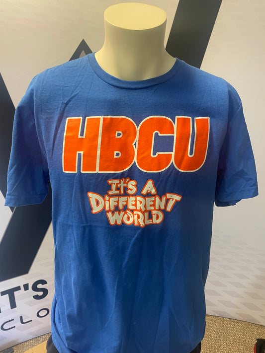 Royal blue shirt with orange and white lettering