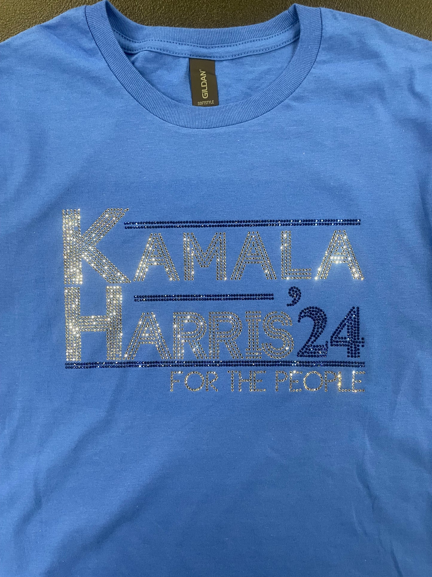 Kamala Harris for President Blue shirt with crystal and blue Rhinestones