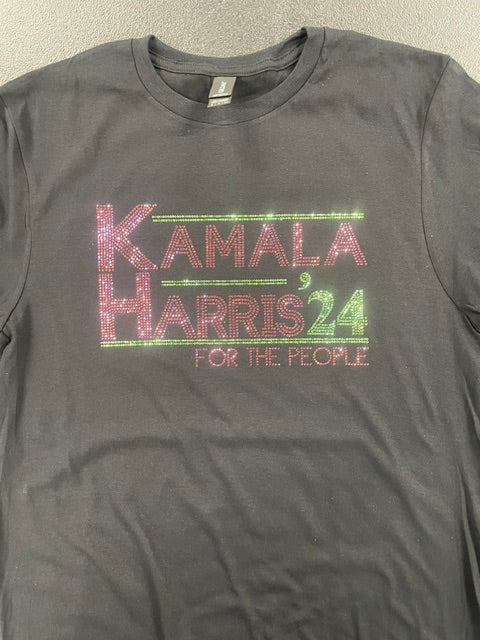 Kamala Harris for President black shirt with pink and green Rhinestones