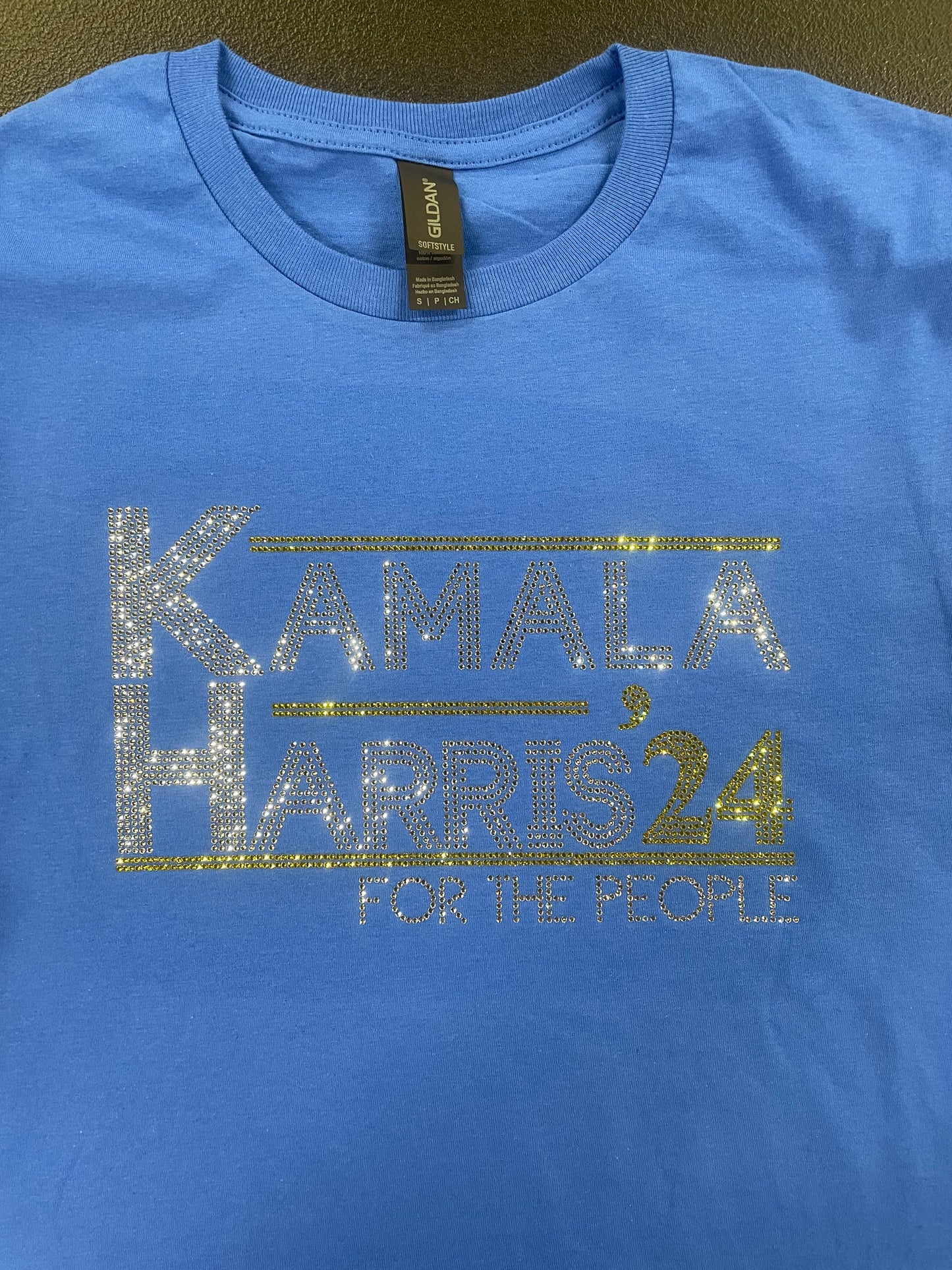 Kamala Harris for President Blue shirt with crystal and yellow rhinestones